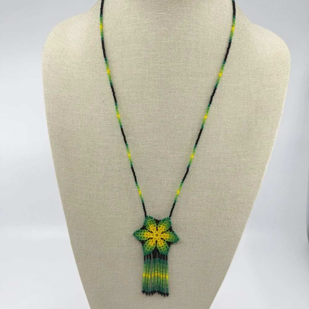 Necklace Green Yellow Seed Bead Floral Fringe Vintage Boho Artisan Statement Bib